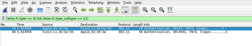 Wireshark capture showing 802.11 Authentication frames between 'Apple\_82:36:3a' and 'Cisco-Li\_82:b2:55'.