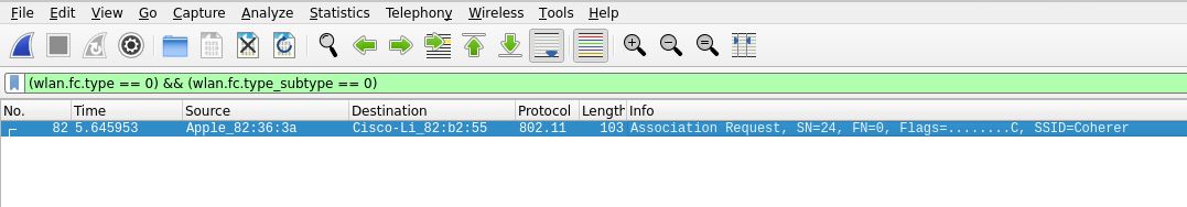 Wireshark capture showing 802.11 Association Response from 'Cisco-Li\_82:b2:55' to 'Apple\_82:36:3a', with SSID 'Coherer'.