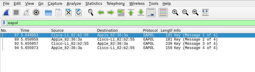 Wireshark capture showing EAPOL key exchange between 'Cisco-Li\_82:b2:55' and 'Apple\_82:36:3a', with messages 1 to 4 of 4.