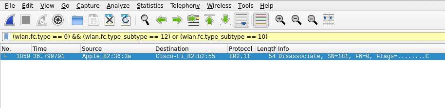 Wireshark capture showing 802.11 Disassociate frame from 'Apple\_82:36:3a' to 'Cisco-Li\_82:b2:55'.