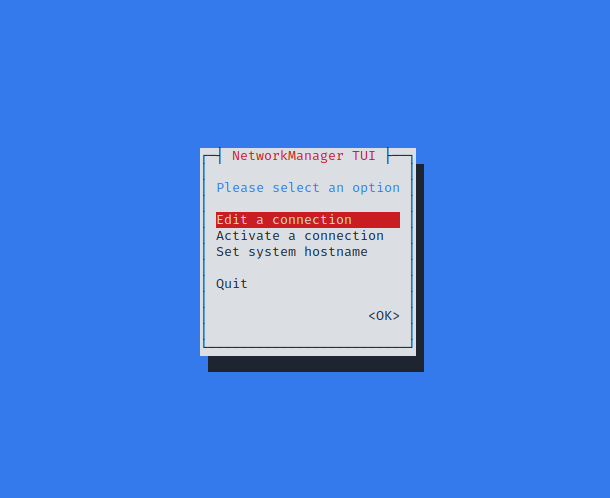 NetworkManager TUI menu with options: Edit a connection, Activate a connection, Set system hostname, and Quit.