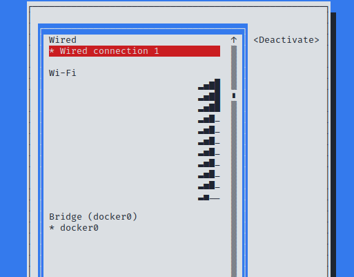 NetworkManager TUI showing options: Wired connection 1, Wi-Fi, and Bridge (docker0), with 'Deactivate' option.