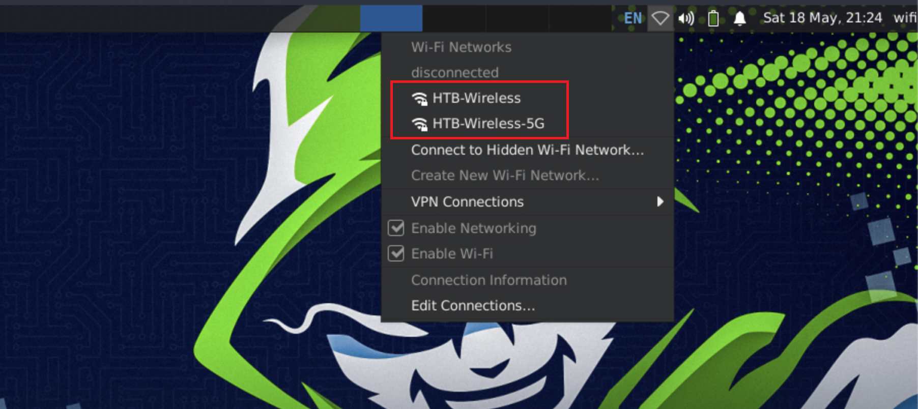 Wi-Fi menu showing networks: HTB-Wireless and HTB-Wireless-5G, with options for VPN Connections and enabling Wi-Fi.