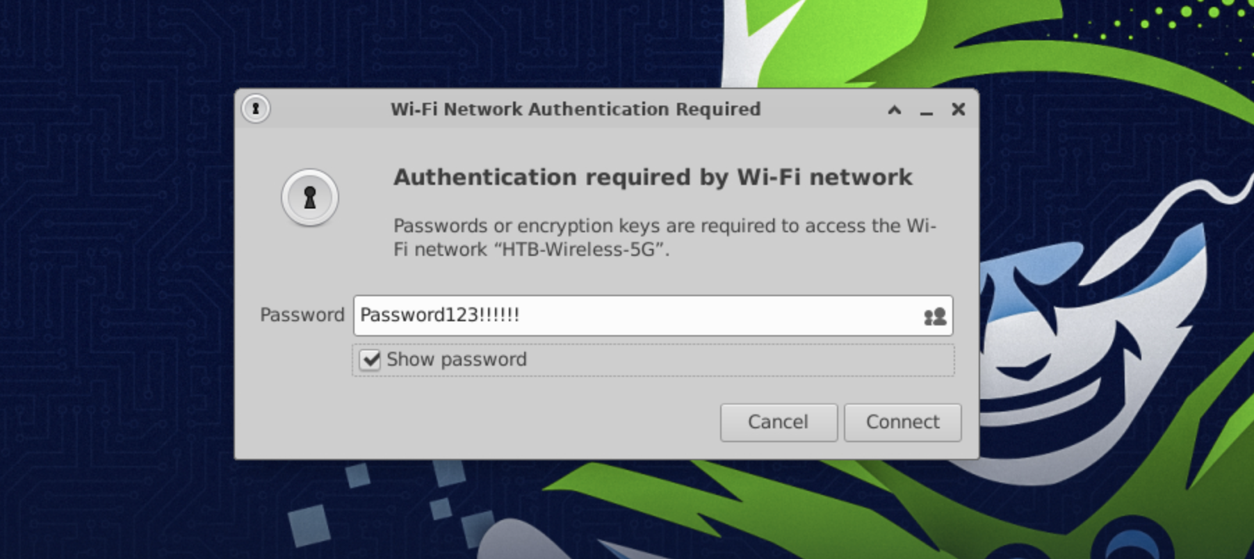 Wi-Fi authentication prompt for network 'HTB-Wireless-5G' showing password entry field with 'Password123!!!!!!' and 'Show password' option.