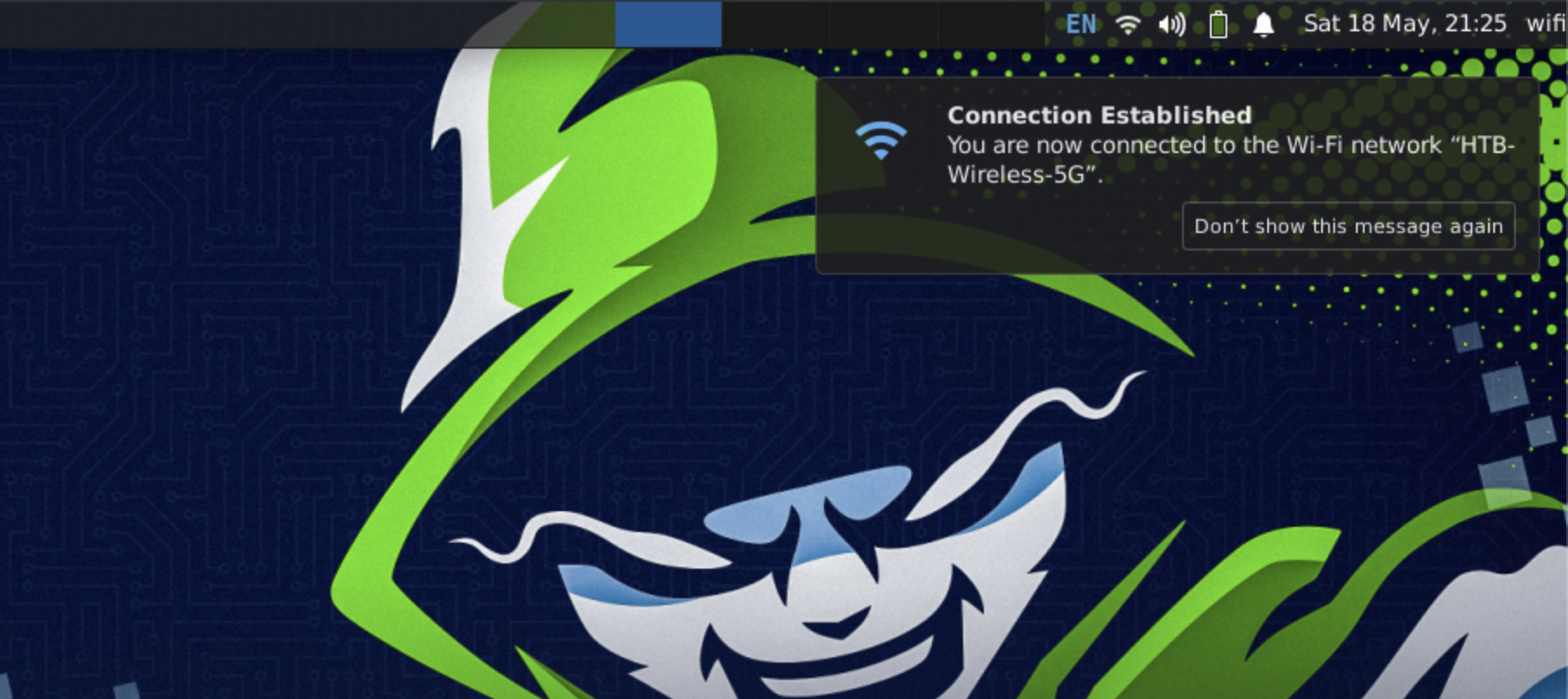 Notification showing 'Connection Established' to Wi-Fi network 'HTB-Wireless-5G' with option to dismiss message.