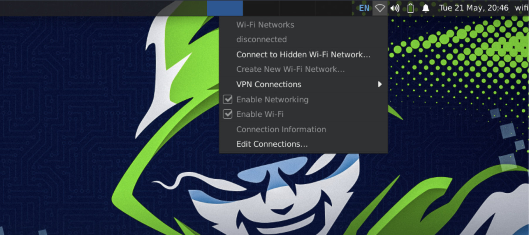 Wi-Fi menu showing options: Connect to Hidden Wi-Fi Network, VPN Connections, Enable Networking, Enable Wi-Fi, and Edit Connections.