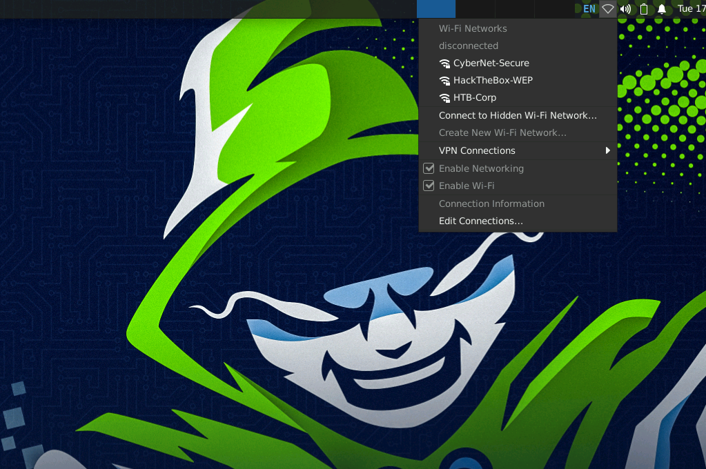 Desktop screenshot showing Wi-Fi menu with networks: CyberNet-Secure, HackTheBox-WEP, HTB-Corp, and options for VPN connections and enabling Wi-Fi.