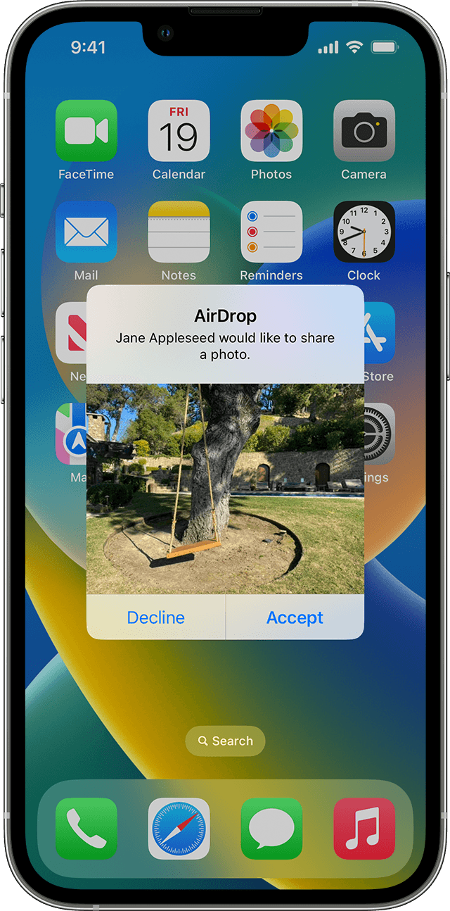 AirDrop notification: 'Jane Appleseed would like to share a photo' with options to 'Decline' or 'Accept'.