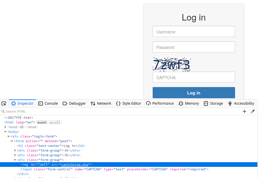 Login form with fields for username, password, and CAPTCHA. CAPTCHA image displayed. HTML inspector shows form structure and CAPTCHA input field.