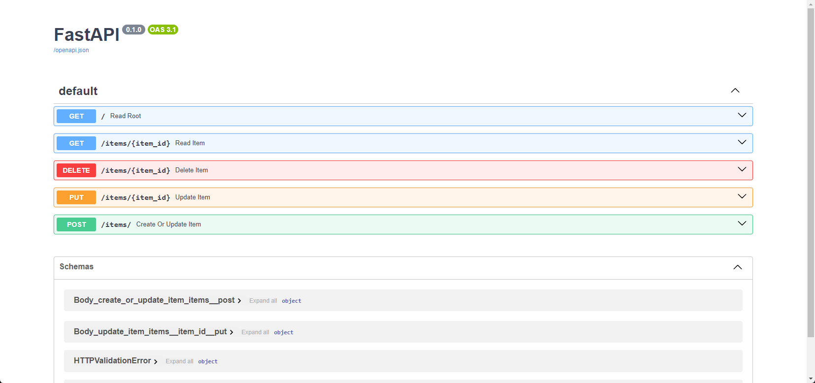 FastAPI interface showing endpoints: GET /, GET /items/{item_id}, DELETE /items/{item_id}, PUT /items/{item_id}, POST /items/.|600
