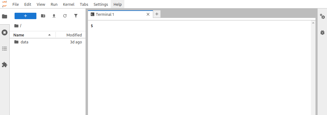 JupyterLab interface showing a file browser with a 'data' folder and an open terminal with a command prompt.