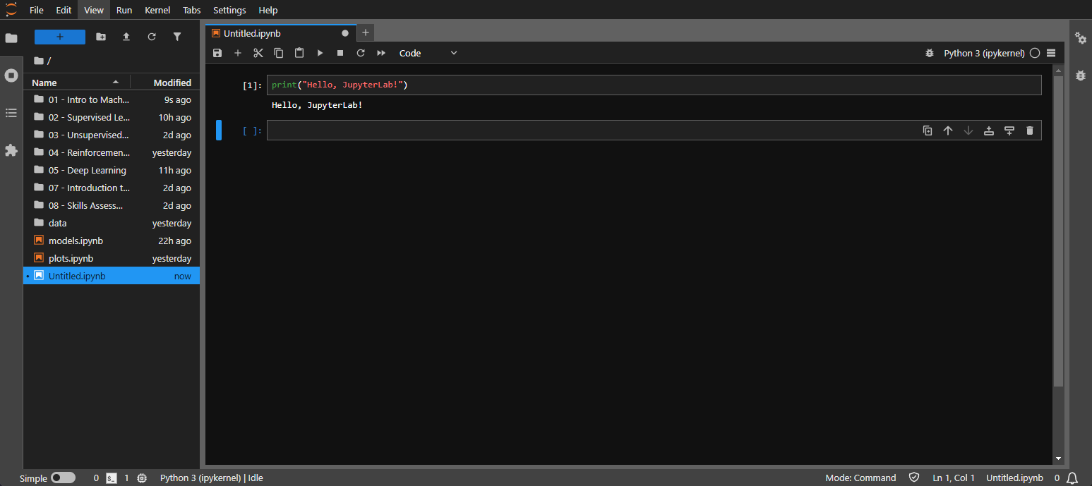 JupyterLab interface with a file browser and an open notebook displaying Python code output: 'Hello, JupyterLab!'.