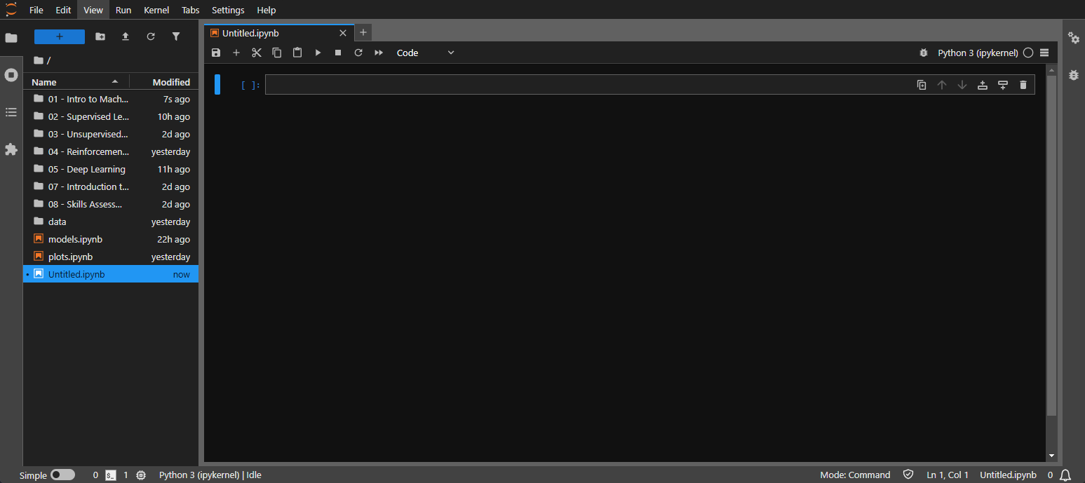 JupyterLab interface with a file browser and an open, untitled notebook.