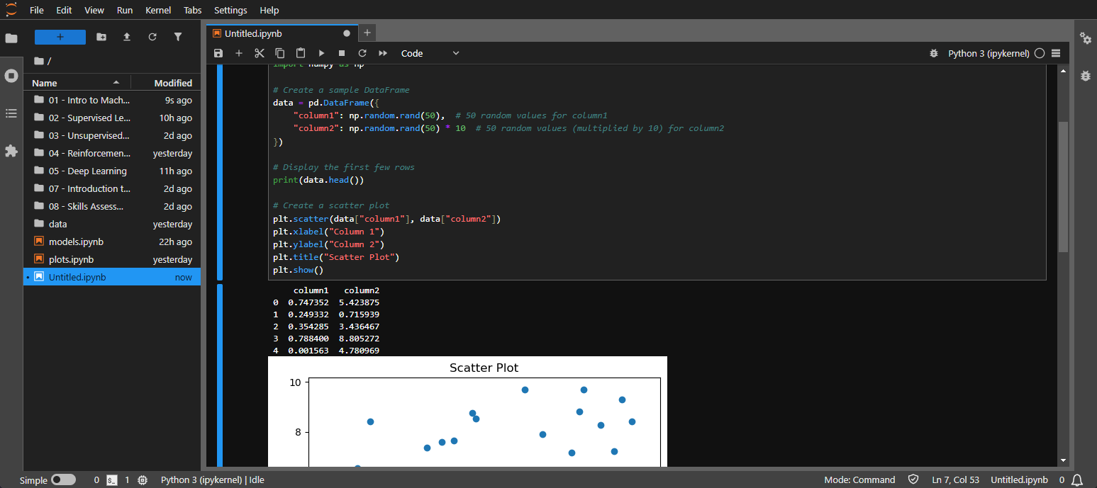 JupyterLab interface showing Python code for creating a DataFrame and scatter plot, with a displayed plot of random data points.