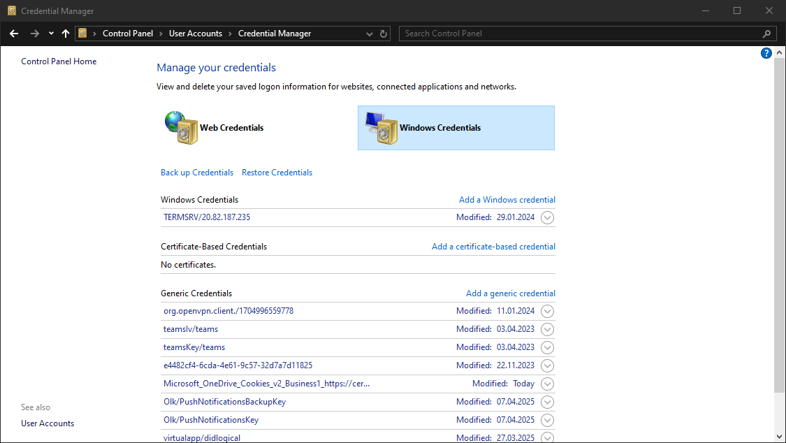 Credential Manager showing Windows and Generic Credentials with modification dates. No certificate-based credentials.