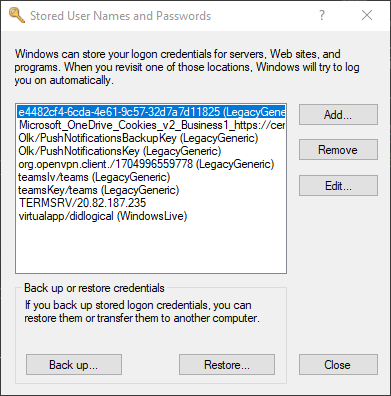 Stored User Names and Passwords window showing a list of credentials with options to add, remove, or edit.