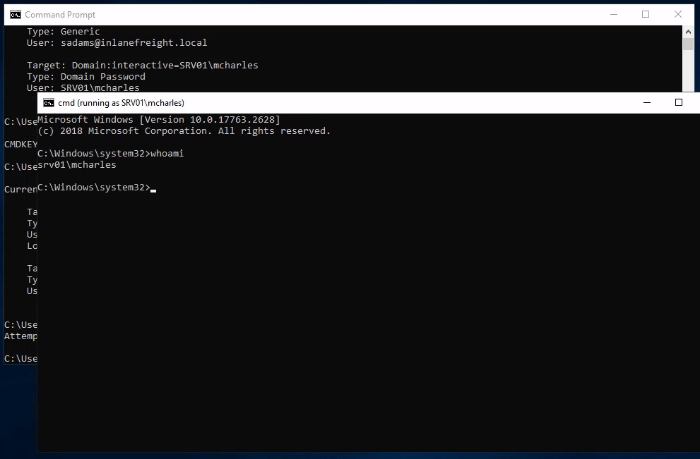 Command Prompt showing user information and domain details. "whoami" command executed, displaying "srv01\mcharles".