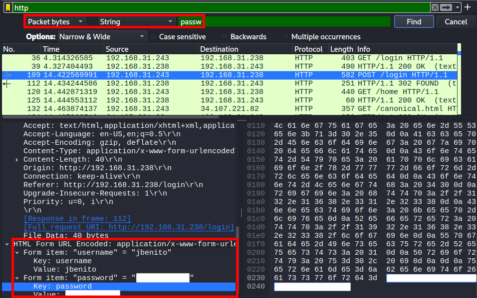 Network packet capture showing HTTP requests with details. Highlighted POST request includes HTML form data with username and password fields.