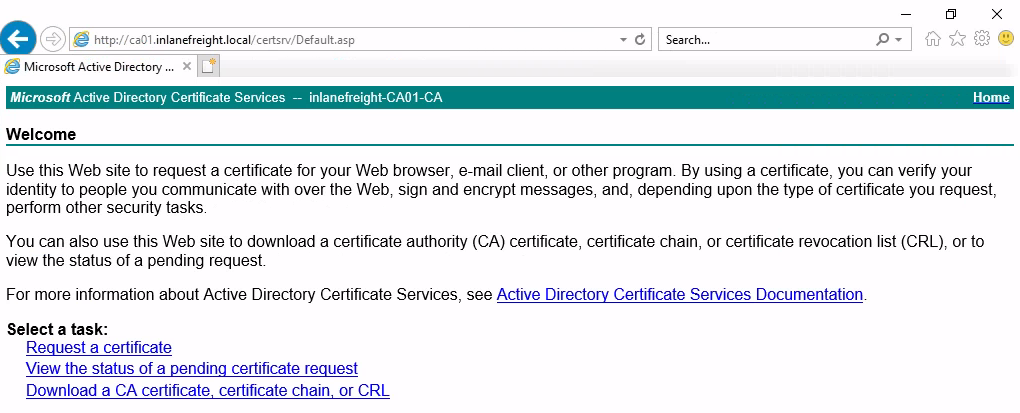 Microsoft Active Directory Certificate Services webpage for inlanefreight-CA01-CA. Options to request a certificate, view pending requests, or download a certificate chain or CRL.