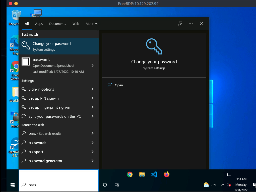 Windows search for 'pass' showing 'Change your password' in system settings and related options.