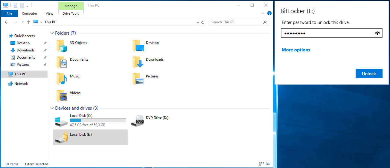 File Explorer showing folders and drives. BitLocker prompt for drive E: asks for a password to unlock.