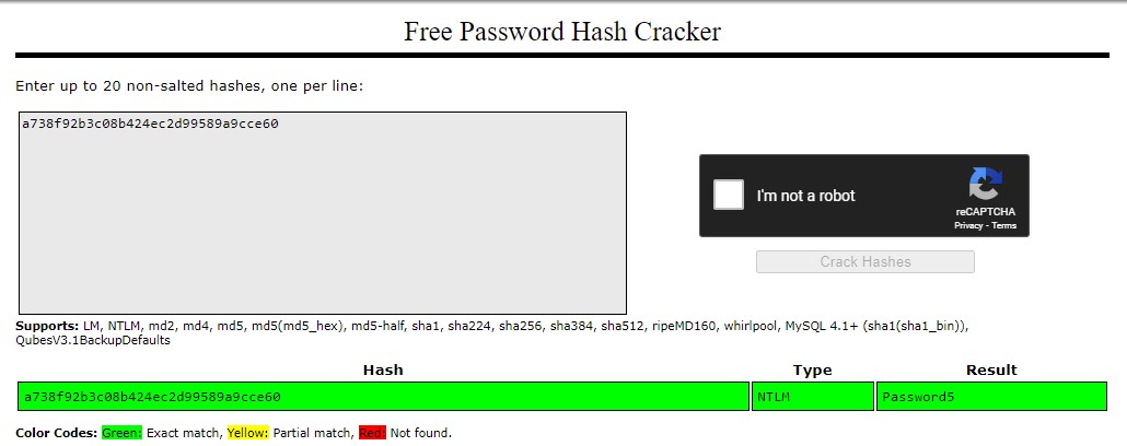Password hash cracker interface showing an NTLM hash cracked to 'Password5' with a green result indicating an exact match.