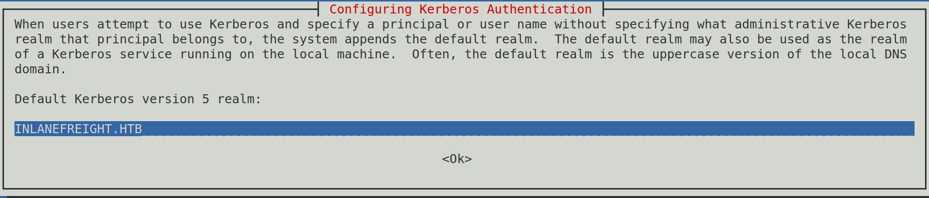 Kerberos authentication configuration screen showing default realm as INLANEFREIGHT.HTB.