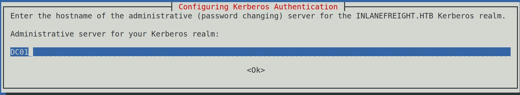 Kerberos authentication configuration screen with administrative server set to DC01 for INLANEFREIGHT.HTB realm.