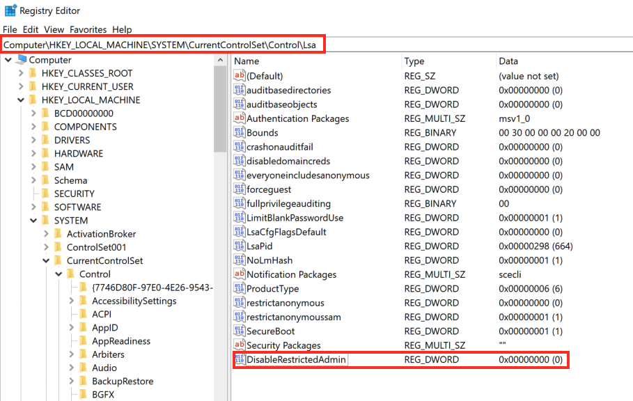 Registry Editor showing path to Lsa with DisableRestrictedAdmin set to 0.