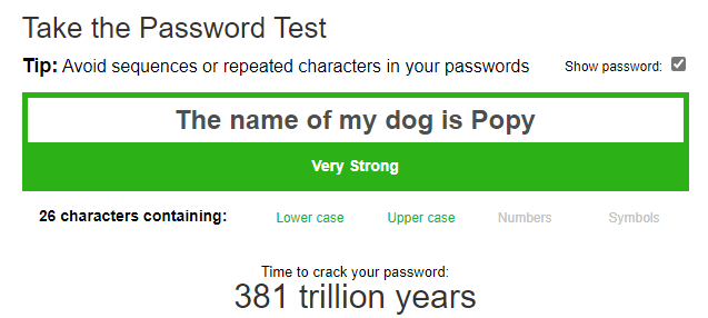 Password test showing 'The name of my dog is Popy' rated as very strong, estimated crack time 381 trillion years.