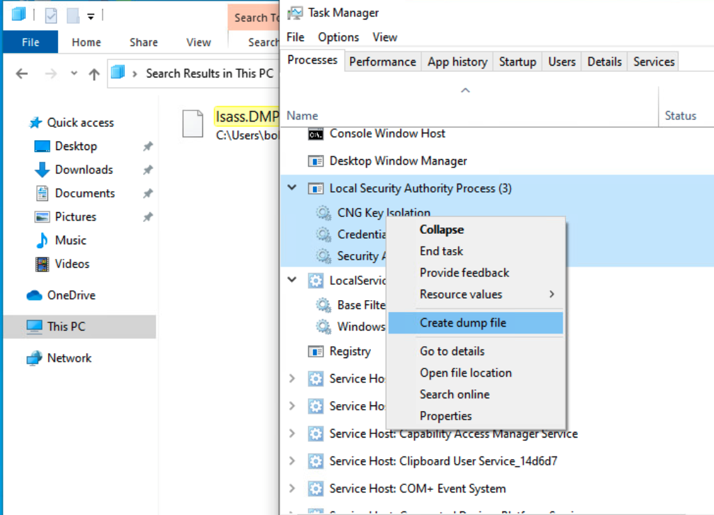 Task Manager showing Local Security Authority Process with right-click menu open, highlighting 'Create dump file' option, and lsass.DMP file in search results.