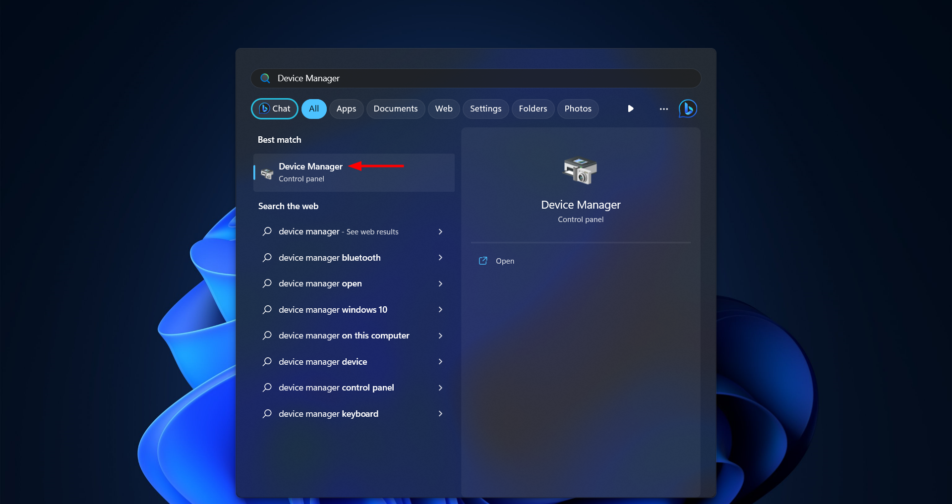 Windows search interface showing 'Device Manager' as the best match under Control Panel.