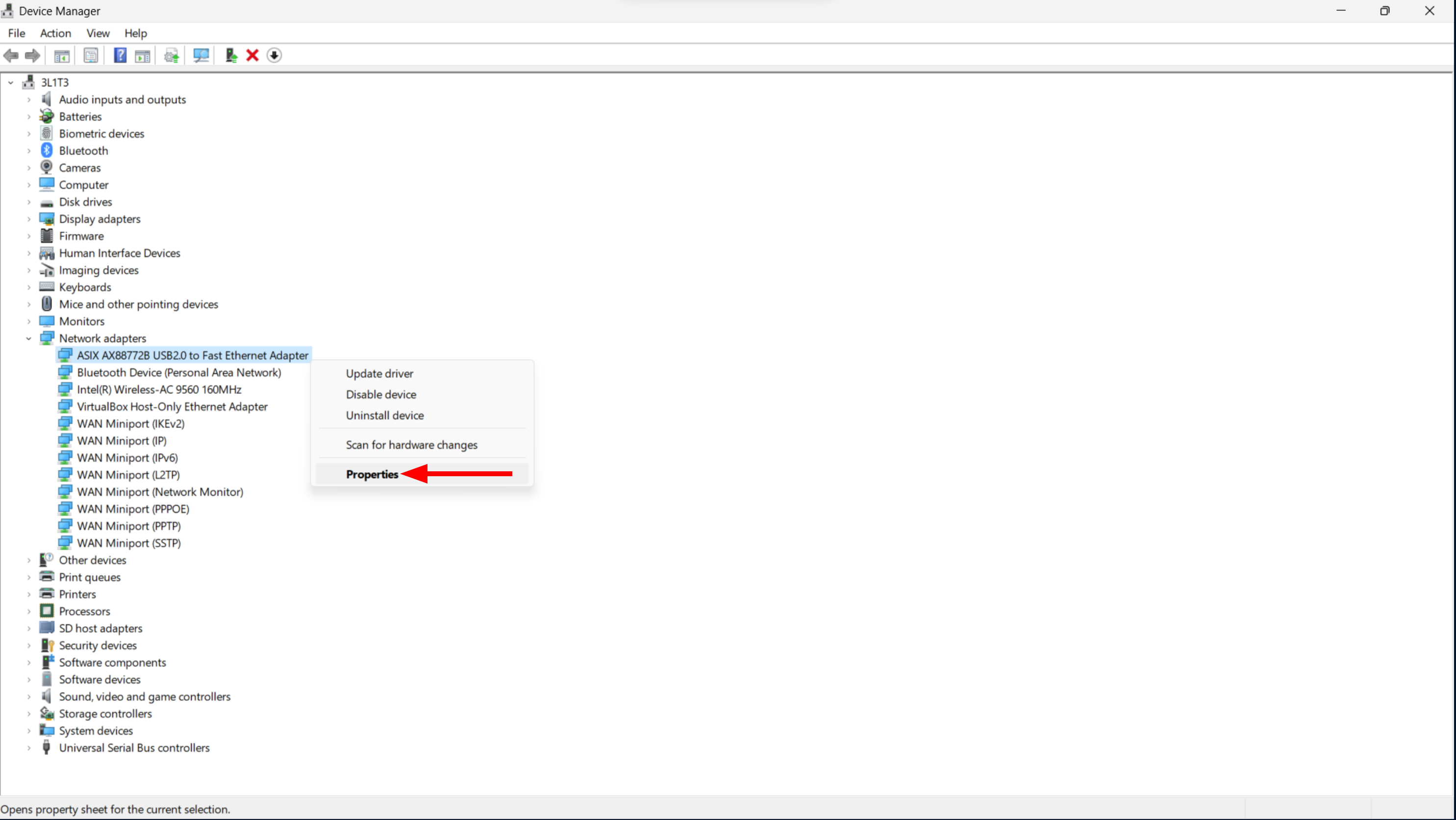 Device Manager window showing a context menu for ASIX AX88772B USB2.0 to Fast Ethernet Adapter with 'Properties' highlighted.
