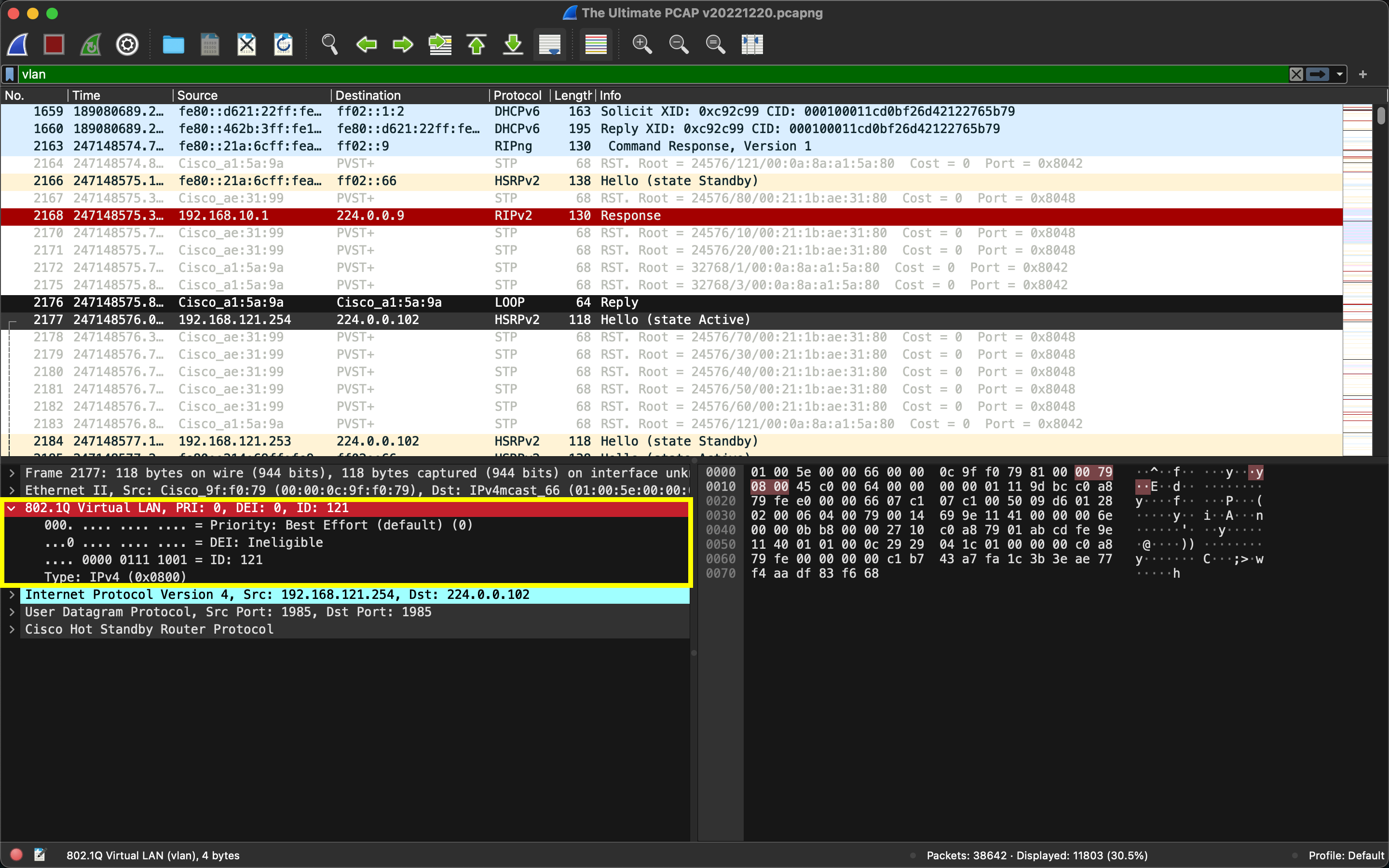 Wireshark interface showing a packet capture with highlighted RIP v2 response packet, Ethernet II, 802.1Q VLAN, and Internet Protocol details.