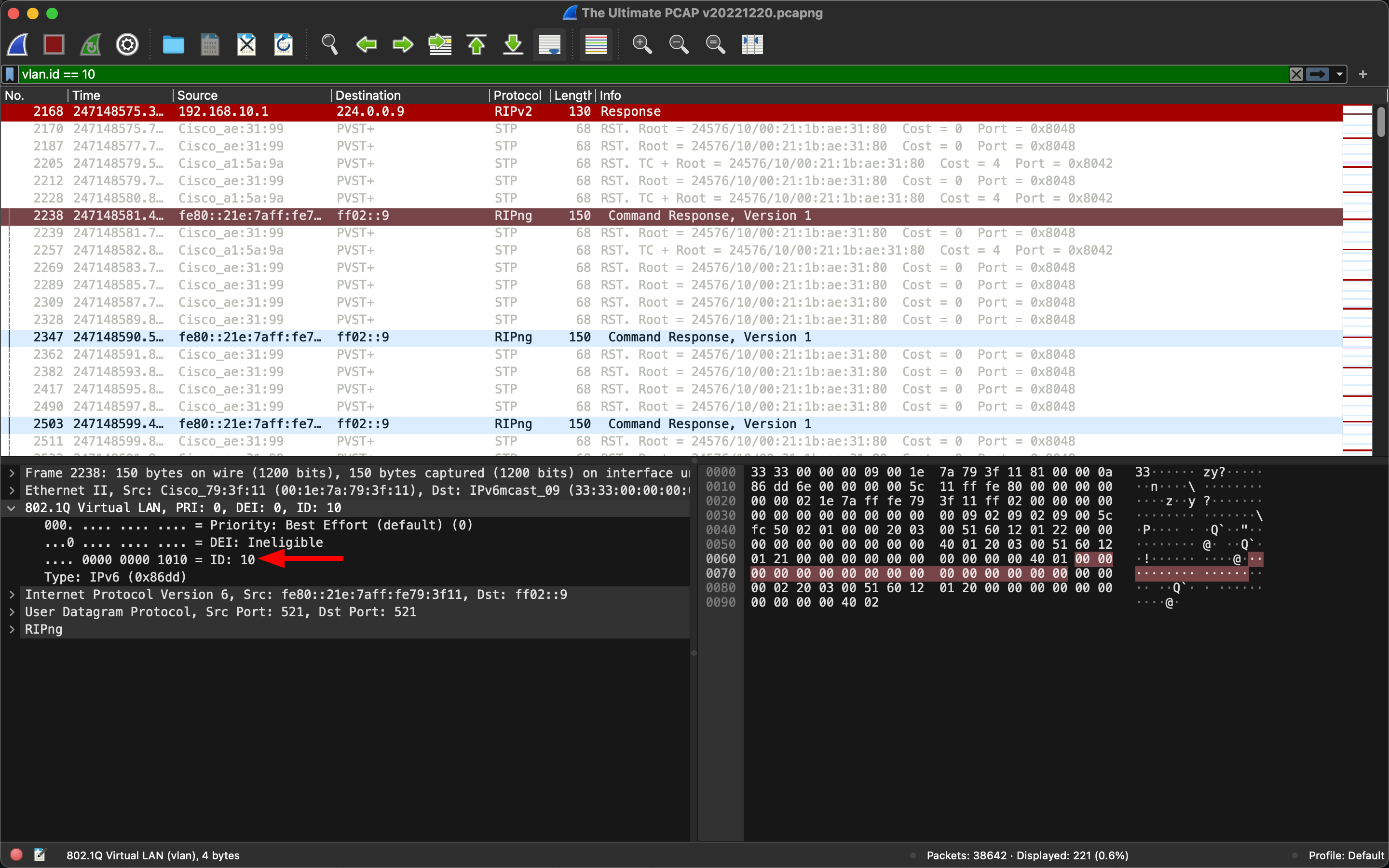 Wireshark interface showing a packet capture with highlighted RIP v2 response packet, Ethernet II, 802.1Q VLAN, and Internet Protocol details.