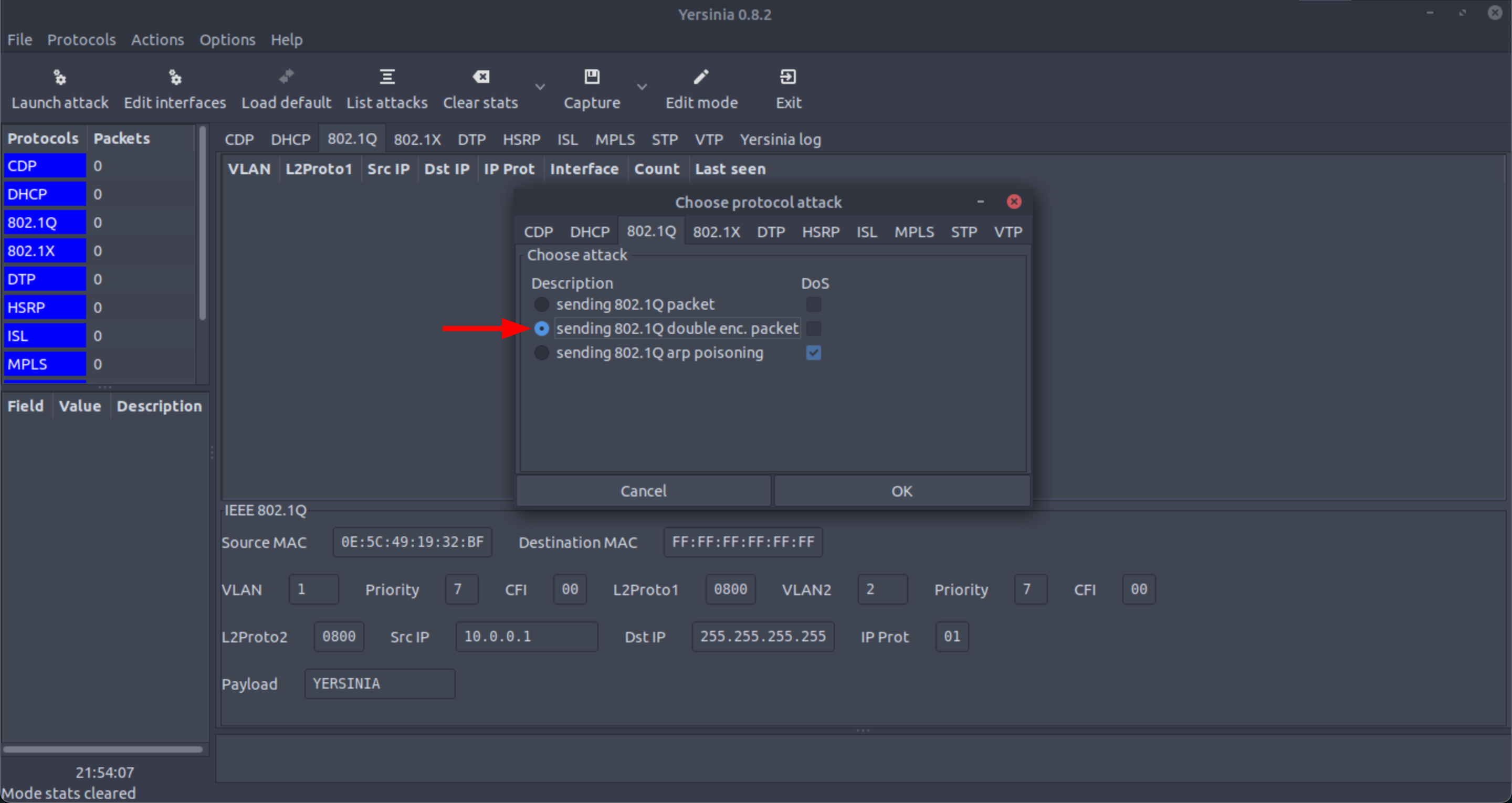 Yersinia interface showing protocol attack options with 'sending 802.1Q double enc. packet' selected.
