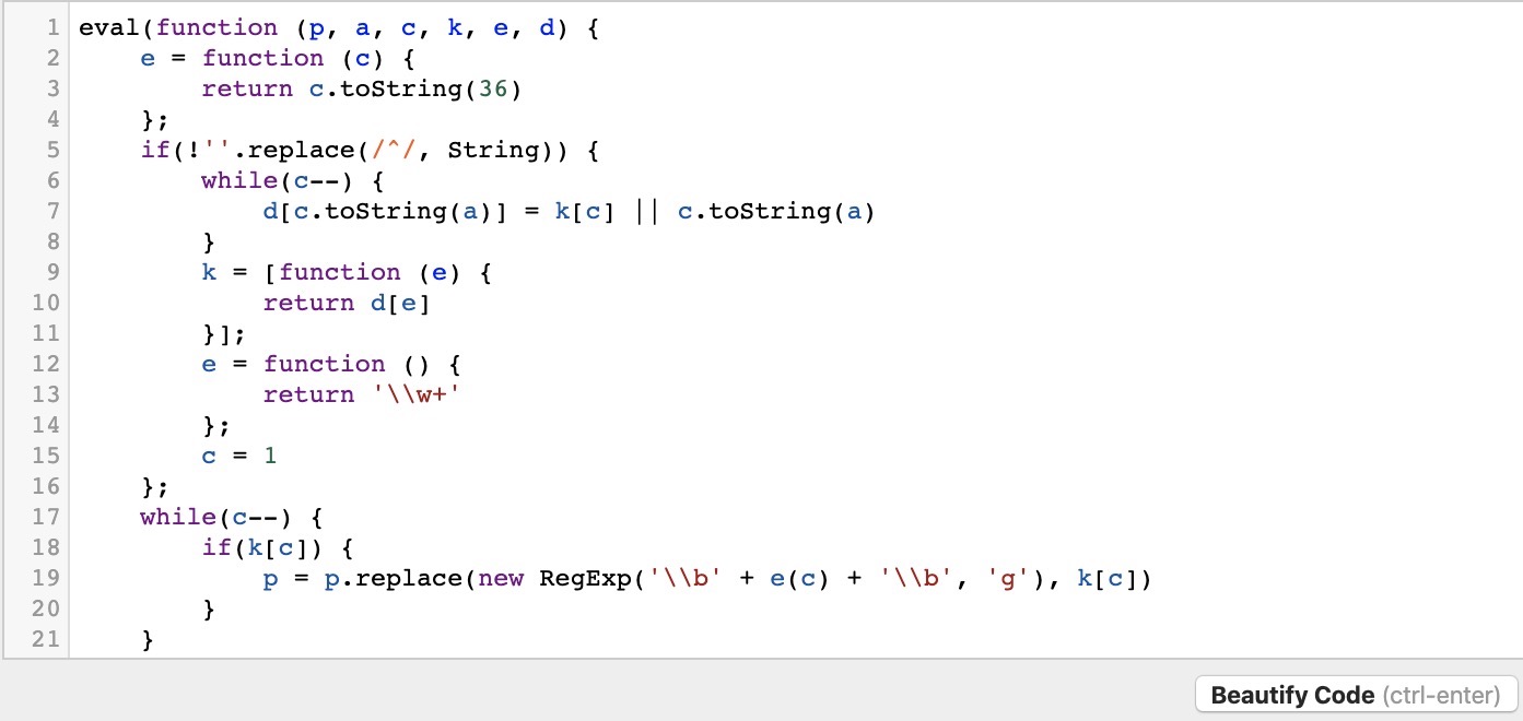 Obfuscated JavaScript code using eval and regex replacement.