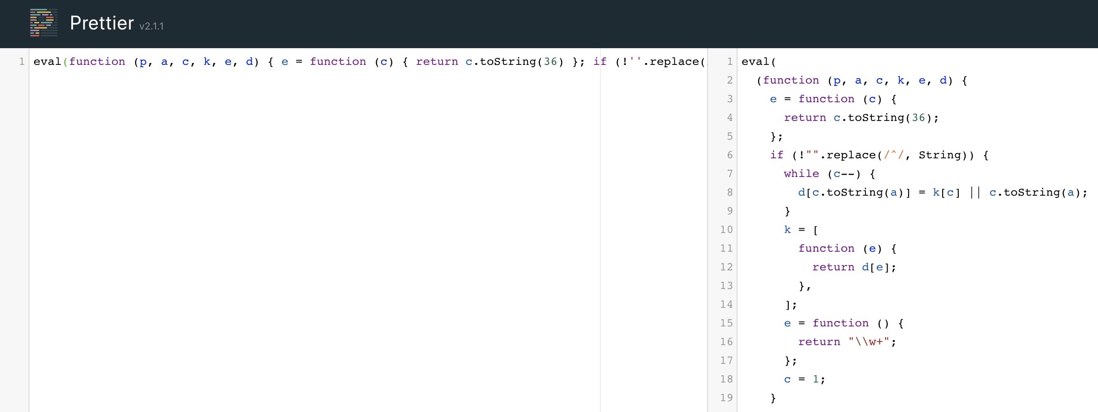 Code editor displaying obfuscated JavaScript function using eval.